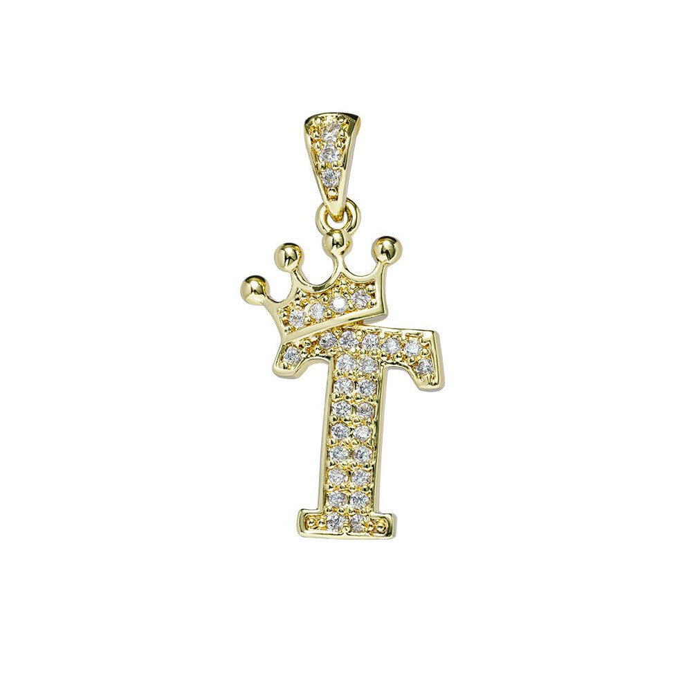 (T) Crown Alphabet Az Initials Letter Pendant Necklace Gold Jewelry Chain Gift