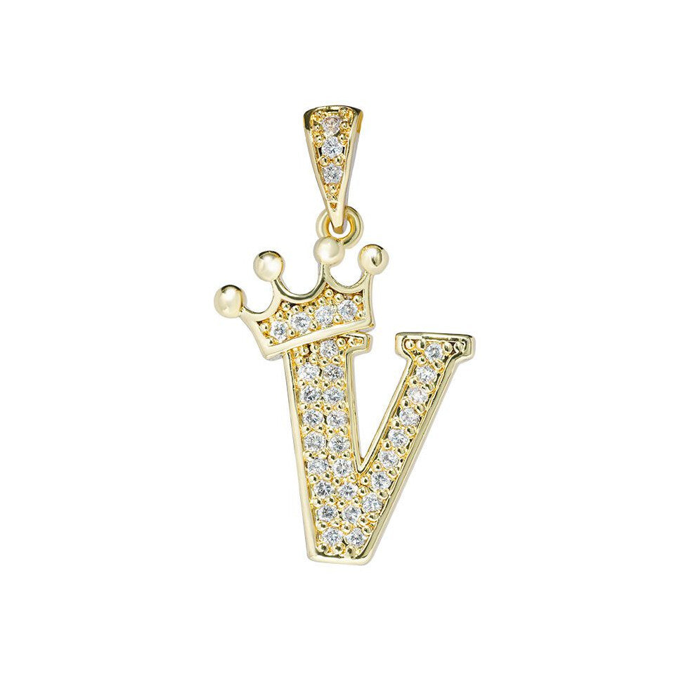 (V) Crown Alphabet Az Initials Letter Pendant Necklace Gold Jewelry Chain Gift