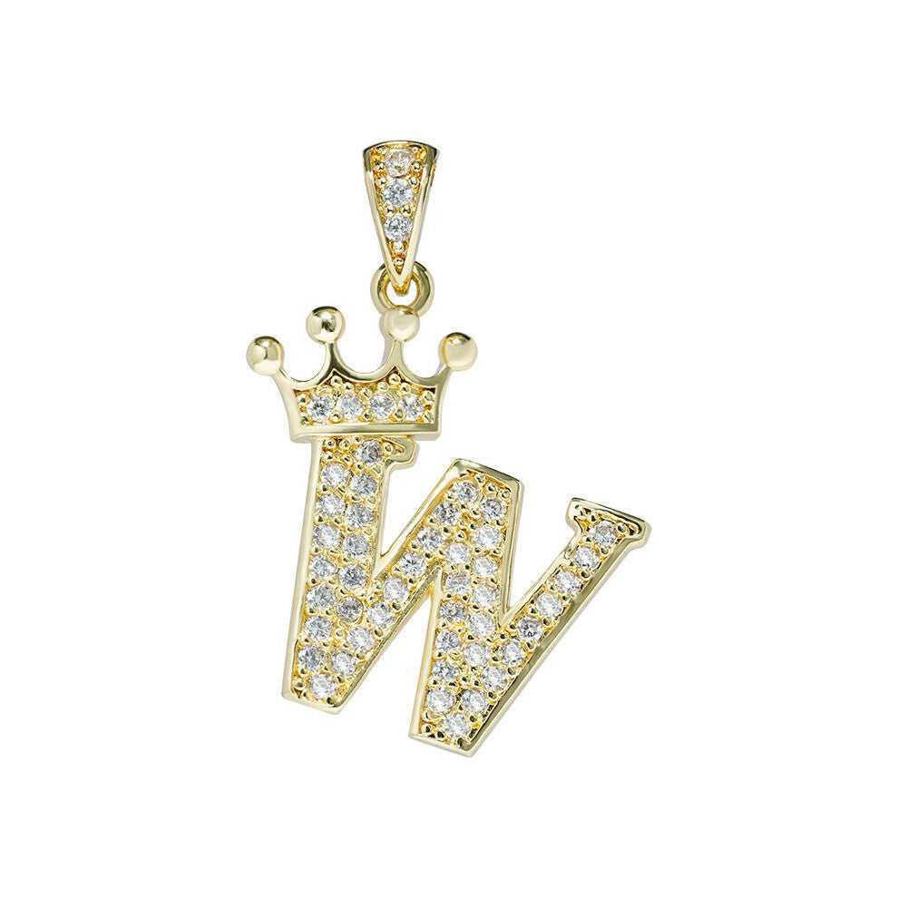 (W) Crown Alphabet Az Initials Letter Pendant Necklace Gold Jewelry Chain Gift