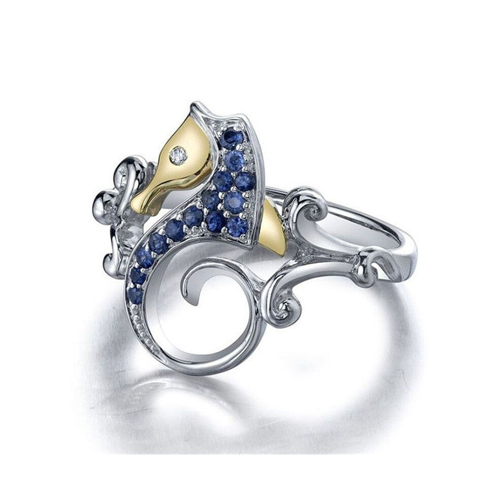 (10) Silver Women Plated Sapphire Sea Horse Wedding Engagement Party Cool Ring Gift