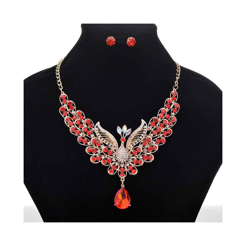 (Red) Peacock Retro Necklace Color Ear Studs Rhinestone Jewelry Set Fashion Women