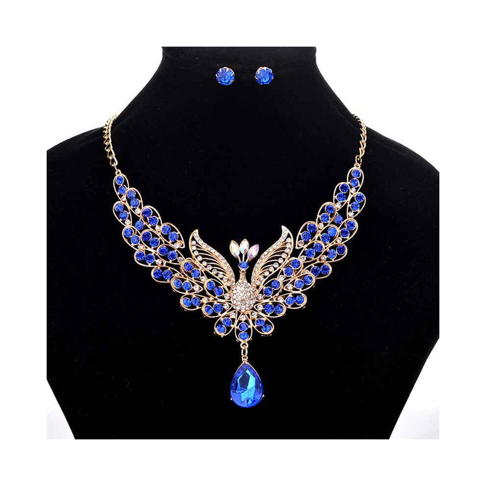 (Blue) Peacock Retro Necklace Color Ear Studs Rhinestone Jewelry Set Fashion Women