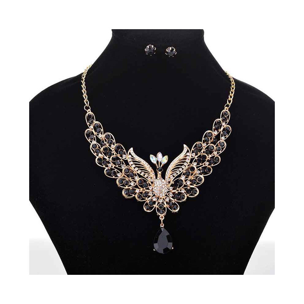 (Black) Peacock Retro Necklace Color Ear Studs Rhinestone Jewelry Set Fashion Women