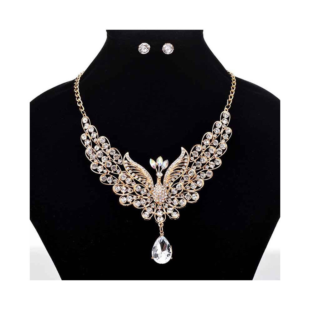 (White) Peacock Retro Necklace Color Ear Studs Rhinestone Jewelry Set Fashion Women