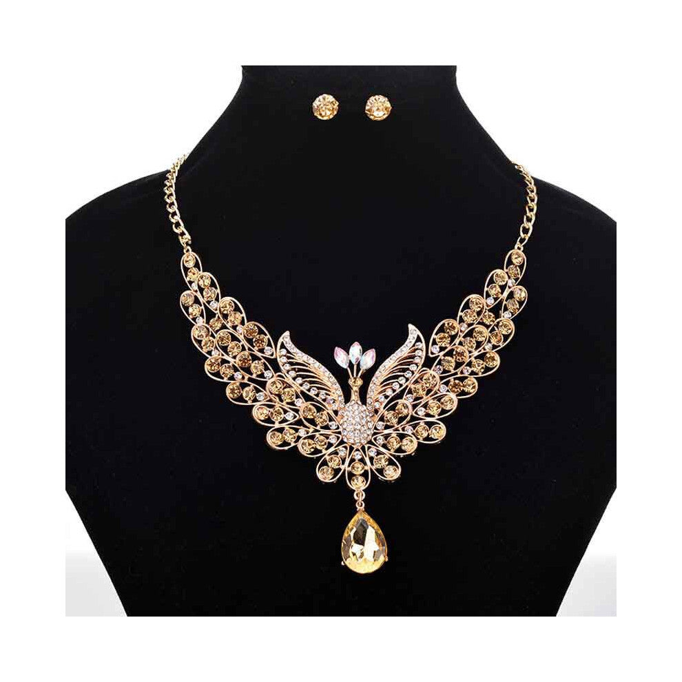 (Champagne) Peacock Retro Necklace Color Ear Studs Rhinestone Jewelry Set Fashion Women