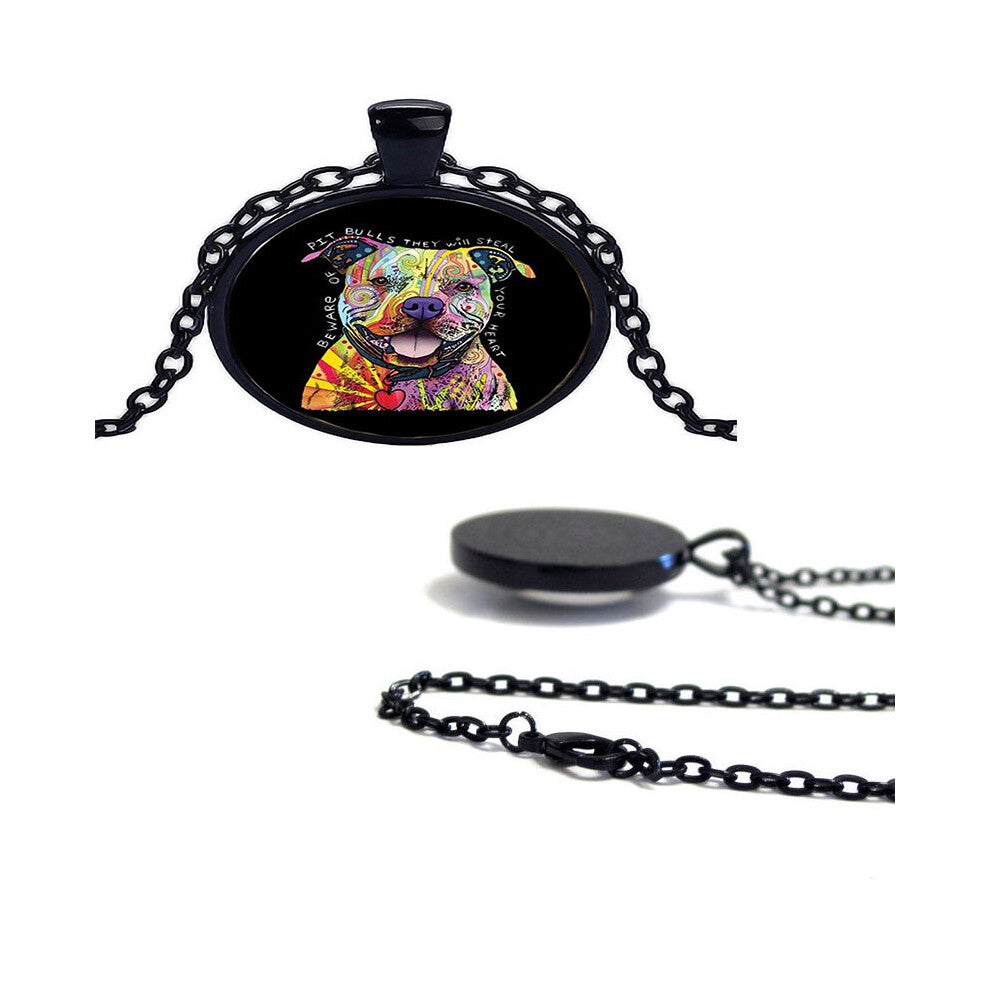 Vintage Of Beware Pitbulls Neon Black Cabochon Glass Chain Necklace Pendant