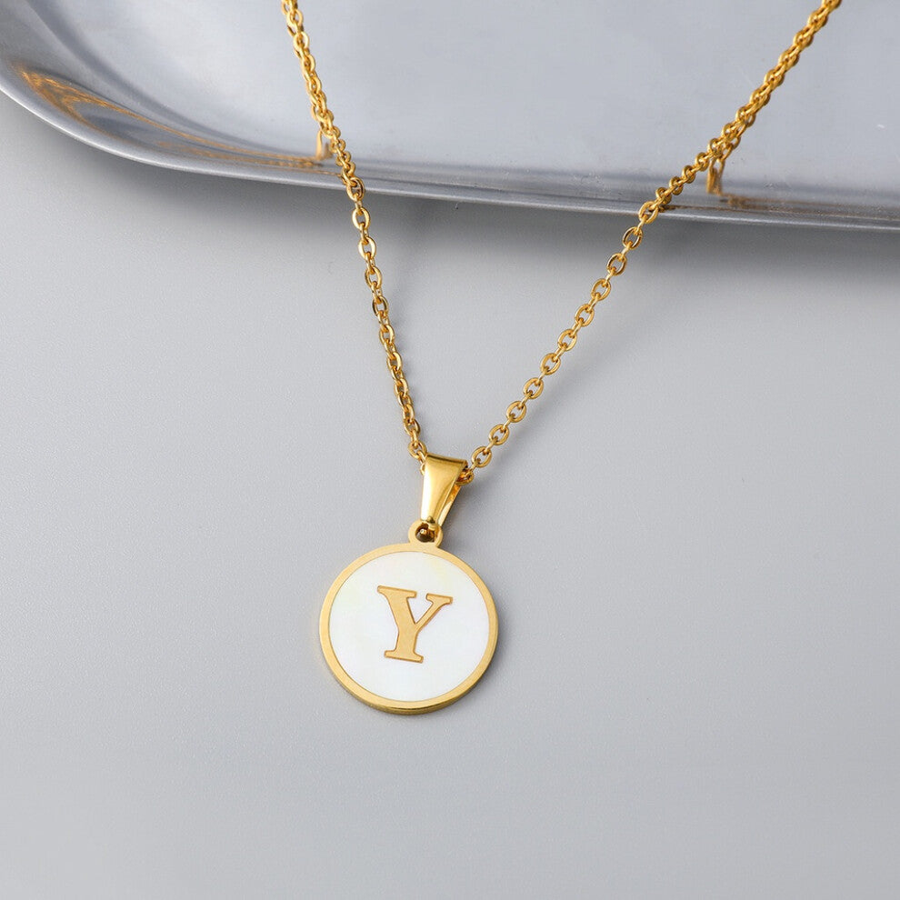 (StyleY) European Crossborder And American Ins Style Stainless Steel Shell Letter Necklace Round Titanium Steel Pendant En Necklace With