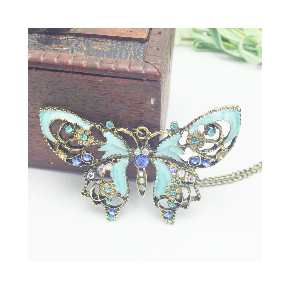 1pc Vintage Hollow Crystal Butterfly Pendant Long Chain Retro Necklace Color