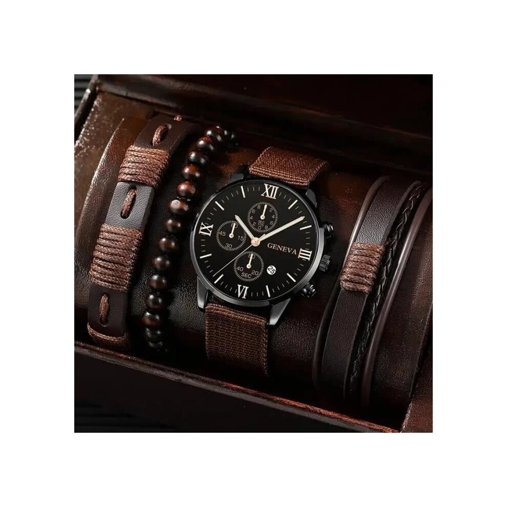 Set of 4 luxury men's watches, elegant military date + 3 matching leather straps, ideal gift