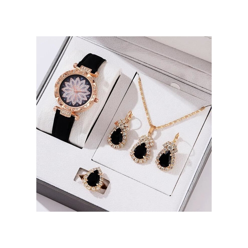 5 pcs Set Luxury Women's Watch Elegant Leather Black and Beautiful Matching Set Necklace Earrings Ring Ideal Gift