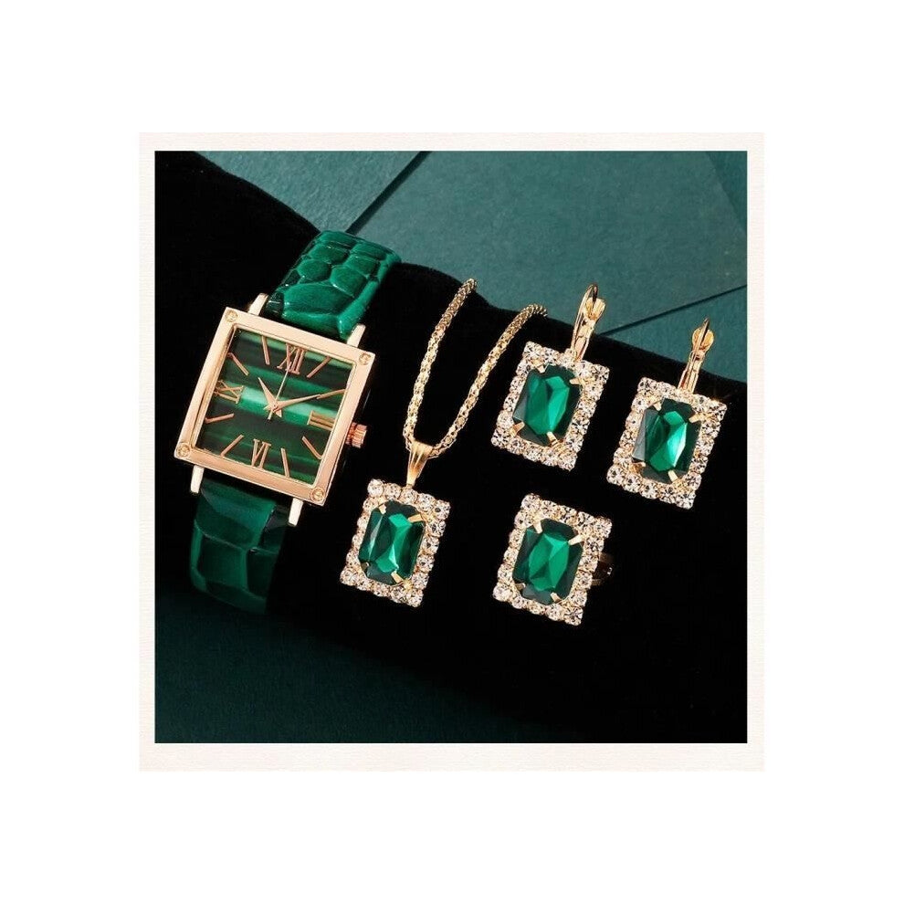 5 pcs Set Luxury Square Watch Women Elegant Leather Green and Beautiful Matching Set Necklace Earrings Ring Gift