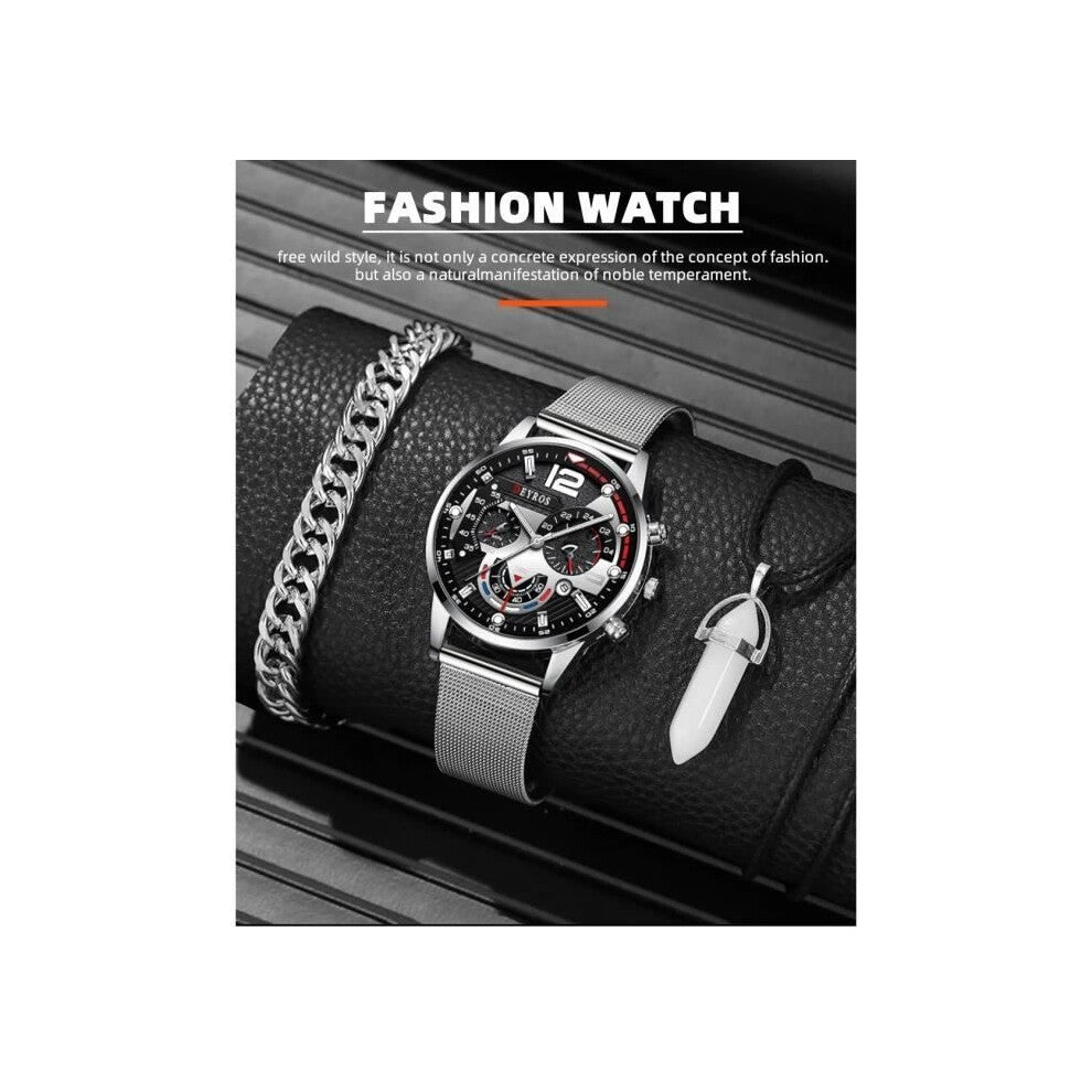 Luxury Men's Watch - Brand - Sport Date Silver Metal - Necklace and Bracelet