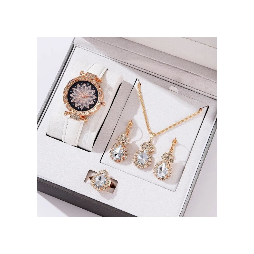 5 pcs Set Luxury Women's Watch Elegant Leather White and Beautiful Matching Set Necklace Earrings Ring Ideal Gift