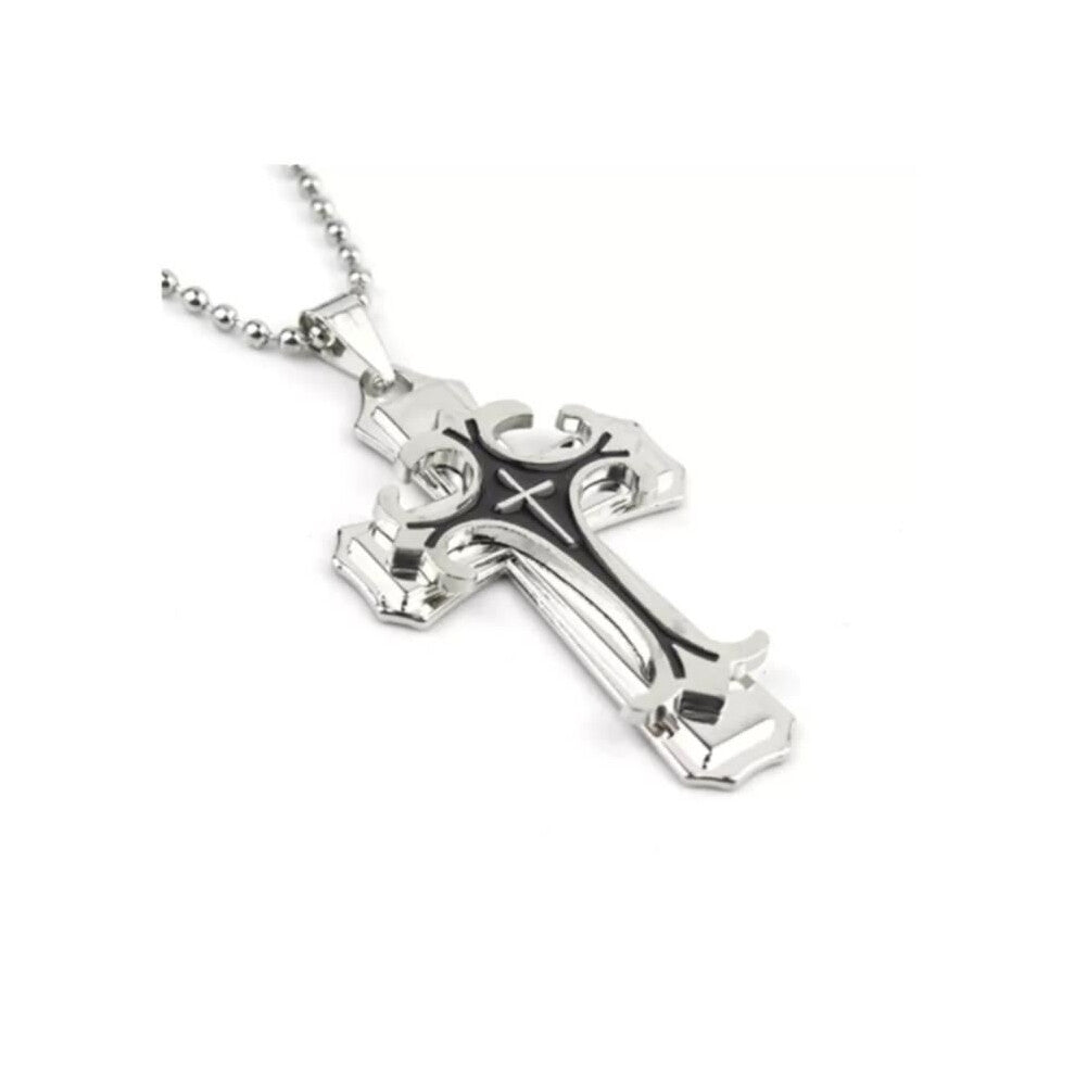 Men's Silver & Black Cross Necklace, Christening Necklace, Christening Jewelry, Cross Jewelry, Religious Necklace