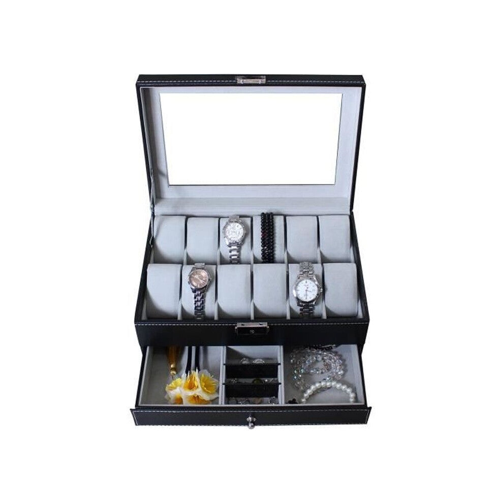 Watch and Jewelry Box, Display Case, 12 Watches, Jewelry Drawer and Display Glass, Grey, Dimensions: 30x20x14 cm