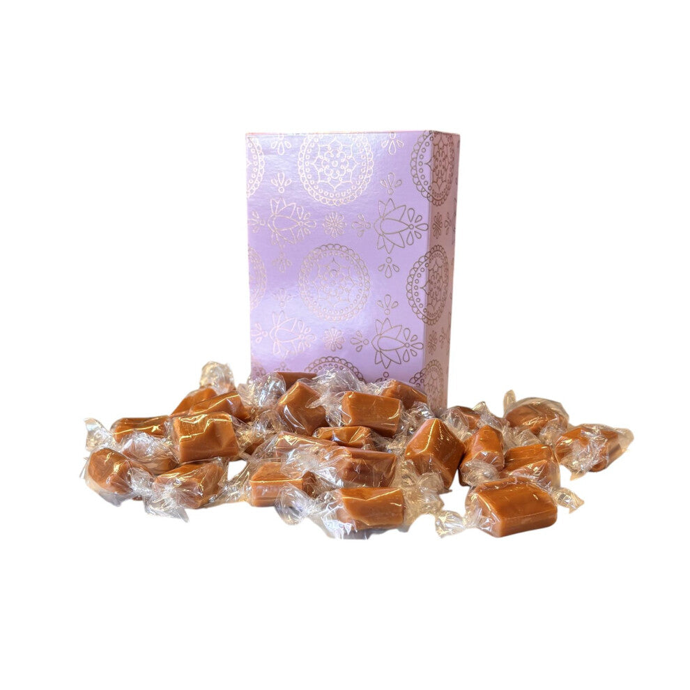 250g Rectangular Box Pink Shimmer Pattern of Bristows Salted Caramel Fudge