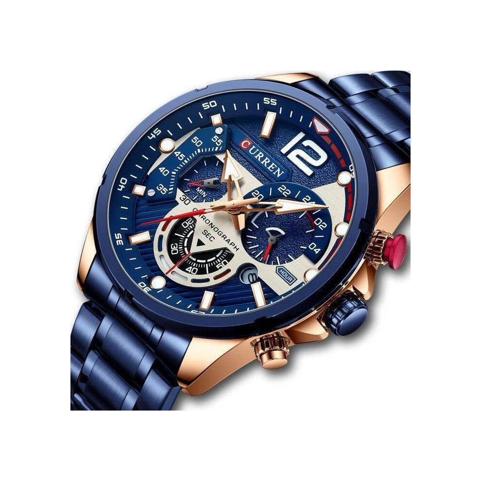 LINGYUE Luxury Brand Men Sports Watches Luminous Quartz Watches Chronograph Stainless Steel Men Watches - blue