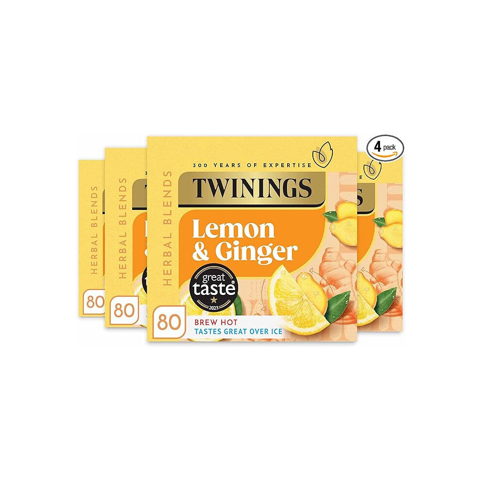 Twinings Lemon and Ginger Flavoured Tea -320 Biodegradable Bags (Multipack of 4 x 80), Caffeine-Free Herbal Tea with Zesty Lemon & Spicy Ginger Flavor