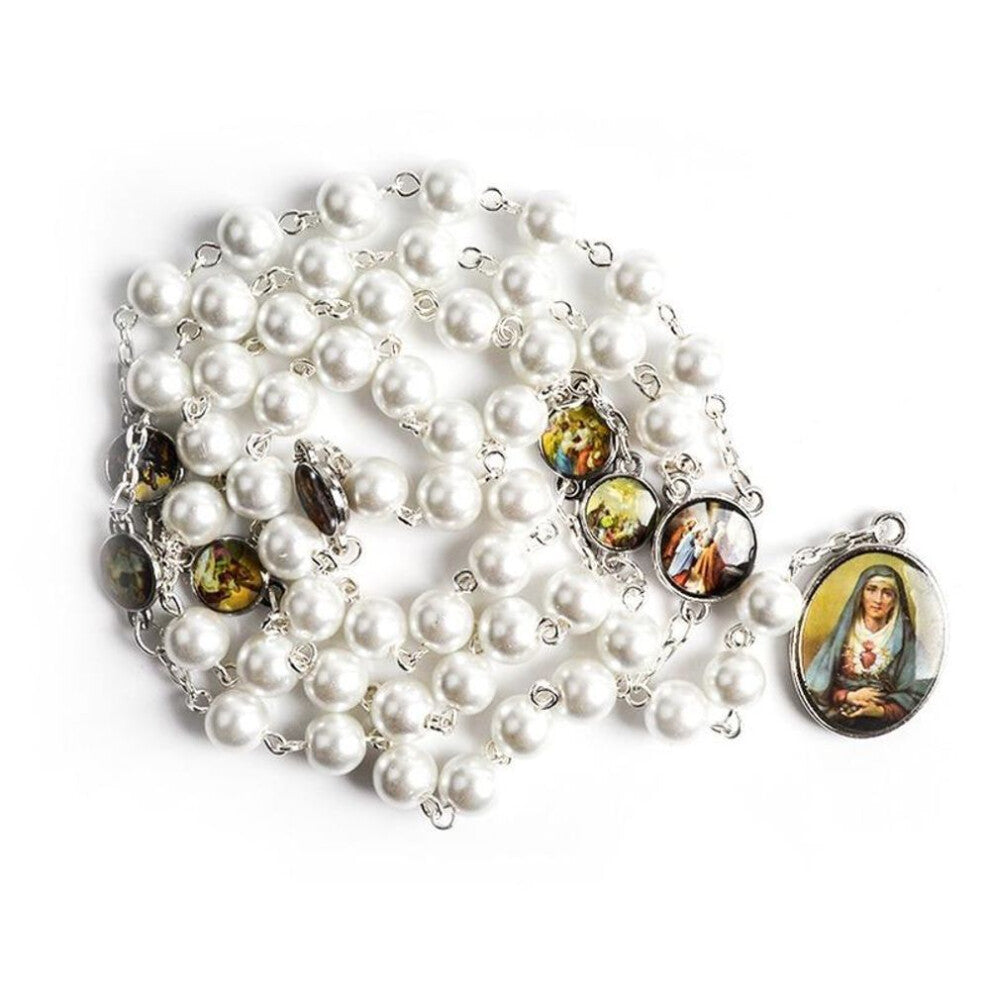 (white) Seven Sorrows Of Mary Rosary Chaplet Acrylic Beads Catholic Jewelry Necklace For Women Men