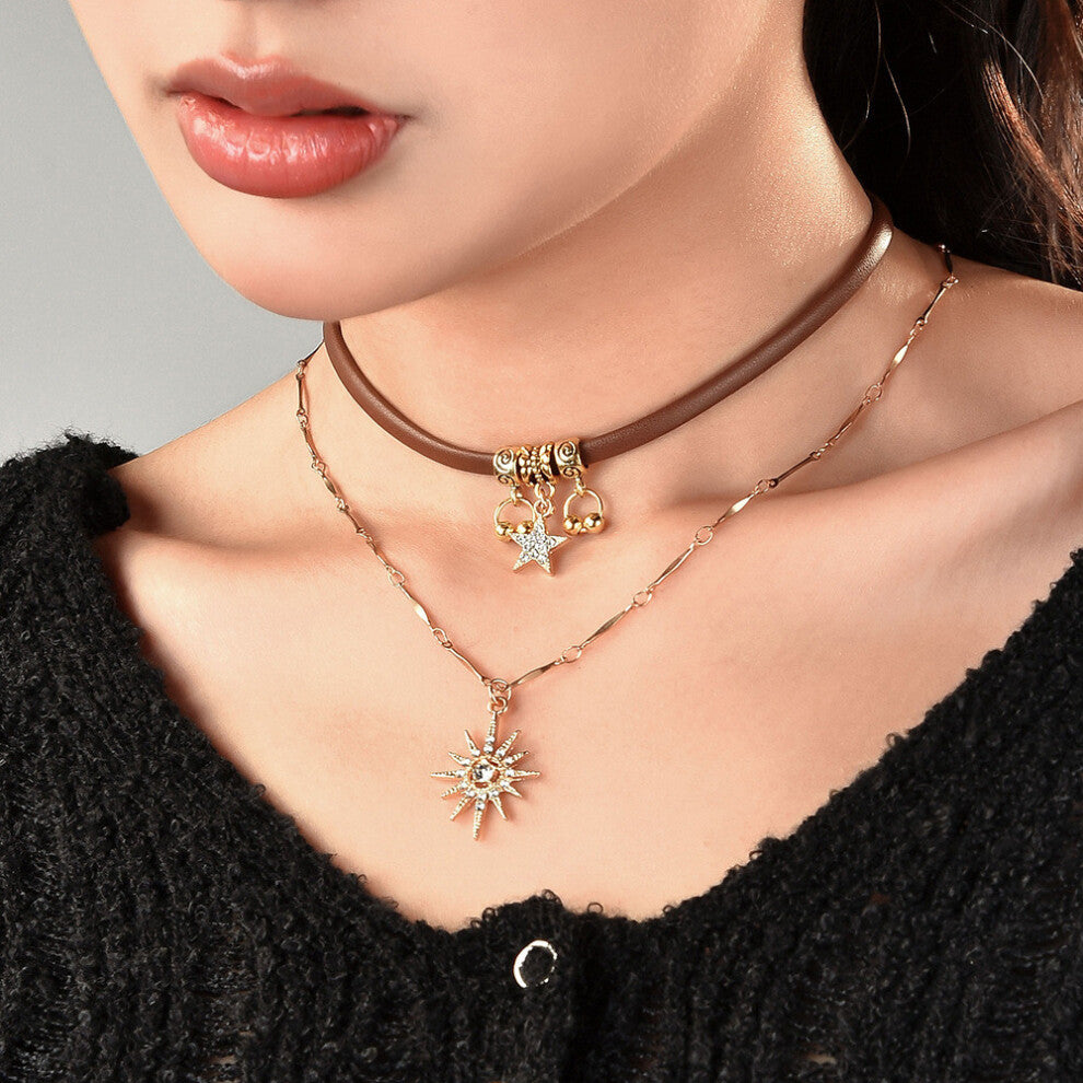 Style Eyecatching Vintage Floral And Star Choker Necklace For Women Two Layers In