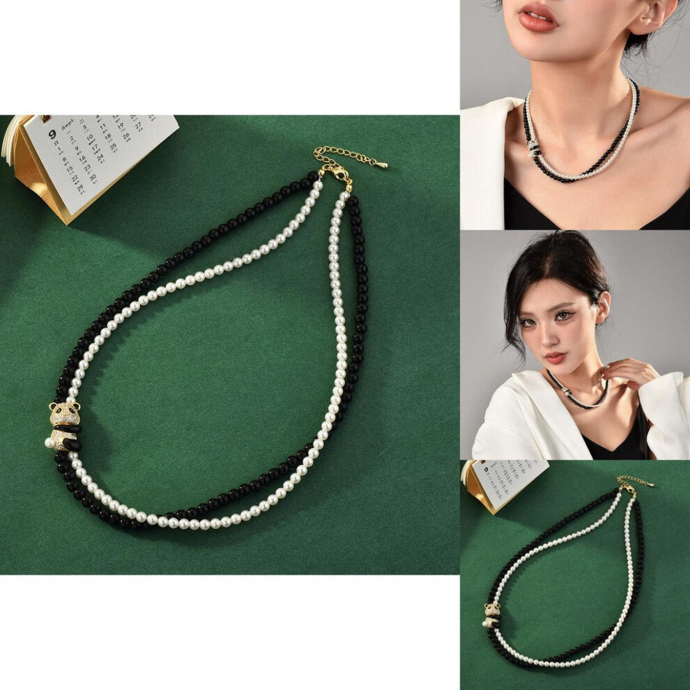 Striking And Black White Crystal Pearl Choker Necklace Featuring Vintage Panda Design For Enthusiasts Fashion