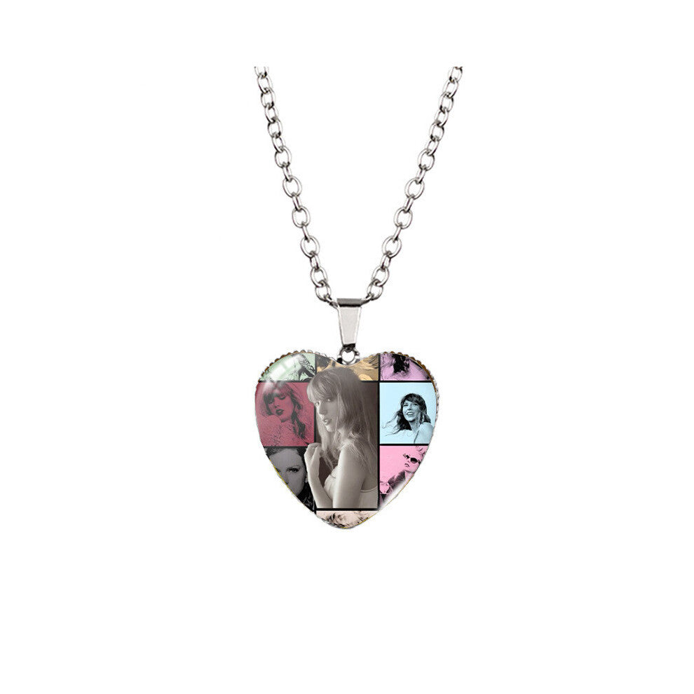 (XXXL605, Stainless Steel Chain) Playful Taylor Swift Heart Necklace For Kids Vibrant Glass Charm Stylish Alloy Chain For Everyday Wear