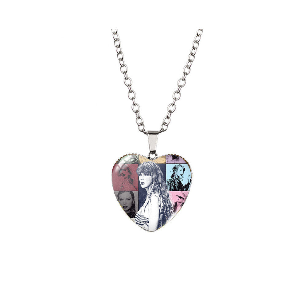 (XXXL6010, Stainless Steel Chain) Playful Taylor Swift Heart Necklace For Kids Vibrant Glass Charm Stylish Alloy Chain For Everyday Wear