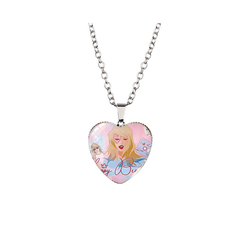 (XXXL6013, White K Chain) Playful Taylor Swift Heart Necklace For Kids Vibrant Glass Charm Stylish Alloy Chain For Everyday Wear