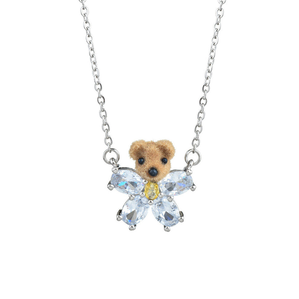 (Flocked Bear Necklace) Velvet Highend Bear Necklace And Ring Set With Sparkling Gemstone For Details Ladies