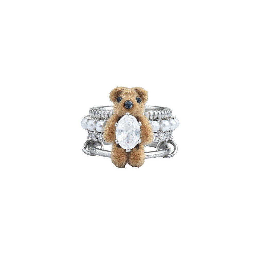 (Flocked Bear Ring) Velvet Highend Bear Necklace And Ring Set With Sparkling Gemstone For Details Ladies