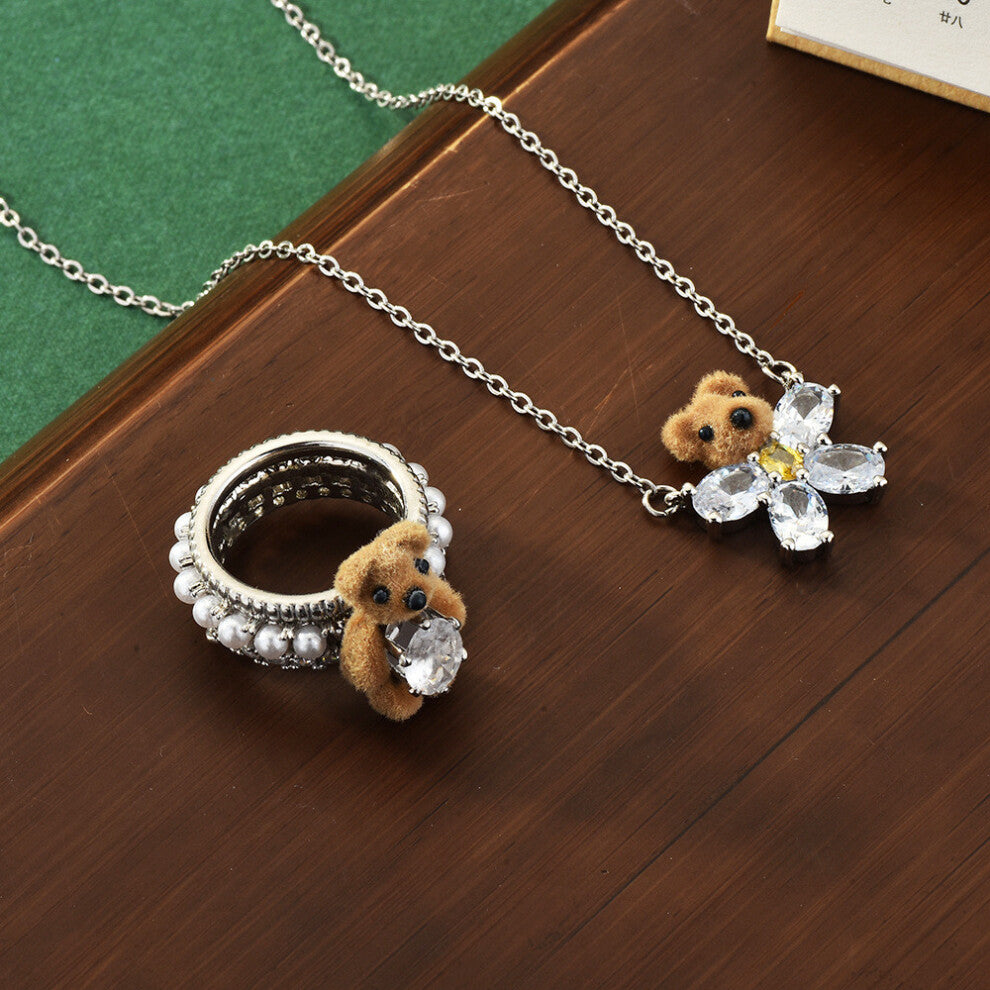 (Flocked Bear Set) Velvet Highend Bear Necklace And Ring Set With Sparkling Gemstone For Details Ladies
