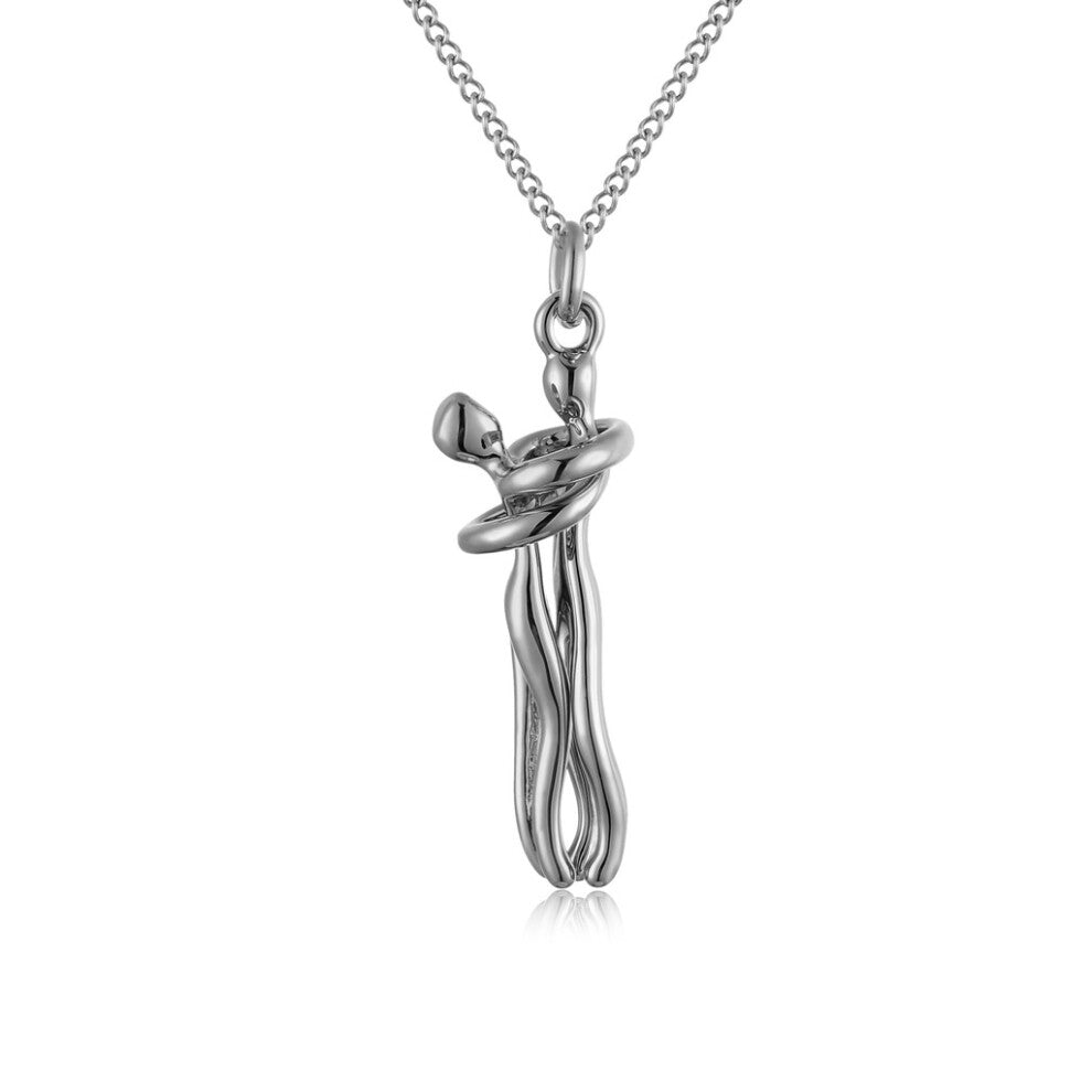 (Silver) Contemporary Couples Black Embrace Pendant Necklace With Adorable Cartoon Design For Gifts