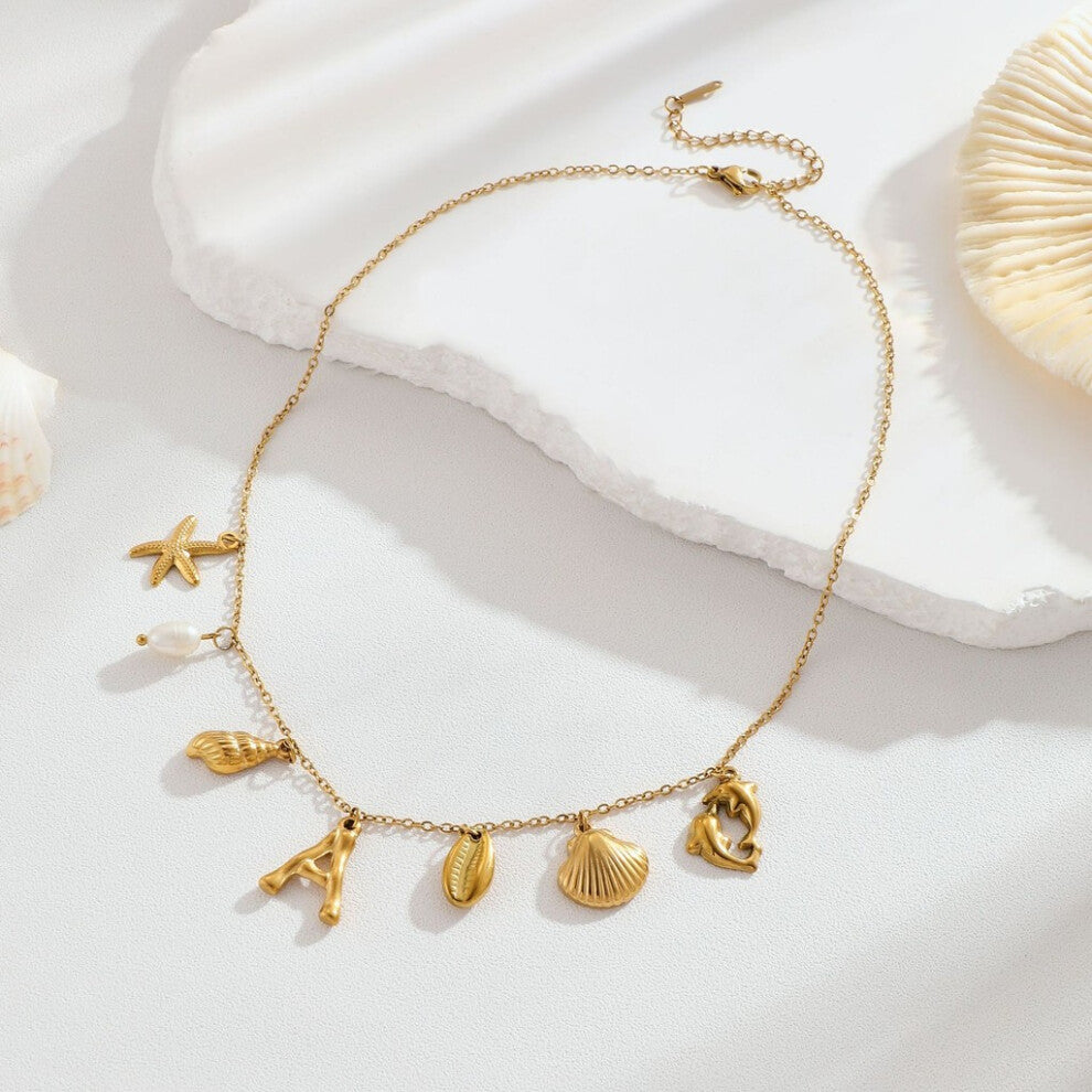 (18K Gold Pendant 1) Ocean Inspired Trendy 18k Gold Plated Stainless Steel Necklace Featuring Seashell And Starfish Accents Ideal For Fashionable Com