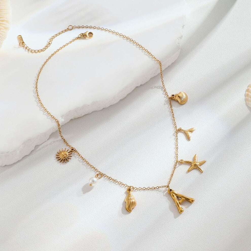 (18K Gold Pendant 2) Ocean Inspired Trendy 18k Gold Plated Stainless Steel Necklace Featuring Seashell And Starfish Accents Ideal For Fashionable Com