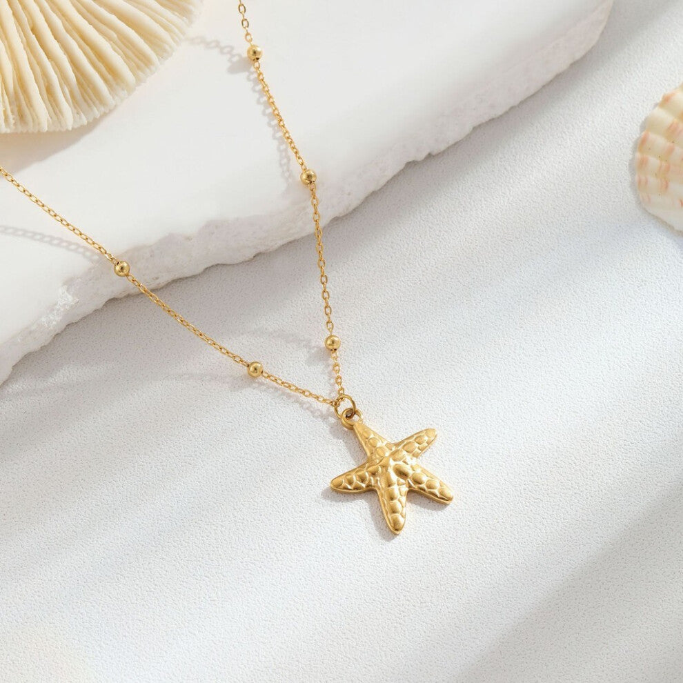 (18K Gold Starfish) Ocean Inspired Trendy 18k Gold Plated Stainless Steel Necklace Featuring Seashell And Starfish Accents Ideal For Fashionable Com