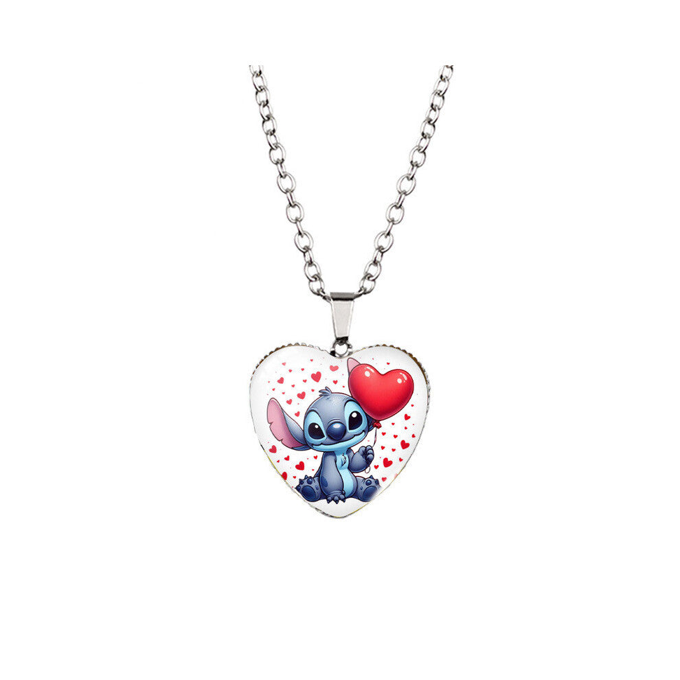 (StyleO, Stainless Steel Chain) Stitch Cartoon Adorable Heart Necklace For Kids With Stunning Glass Pendant Alloy And Chain