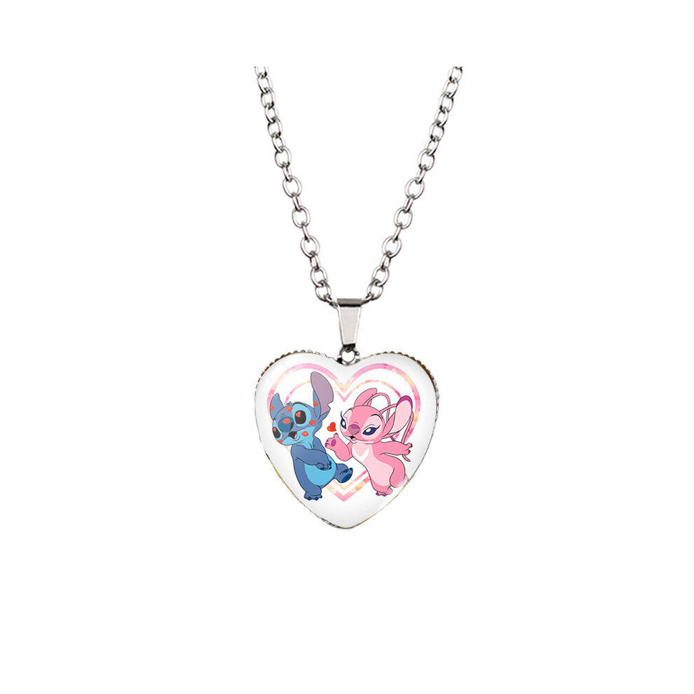 (StyleS, White K Chain) Stitch Cartoon Adorable Heart Necklace For Kids With Stunning Glass Pendant Alloy And Chain