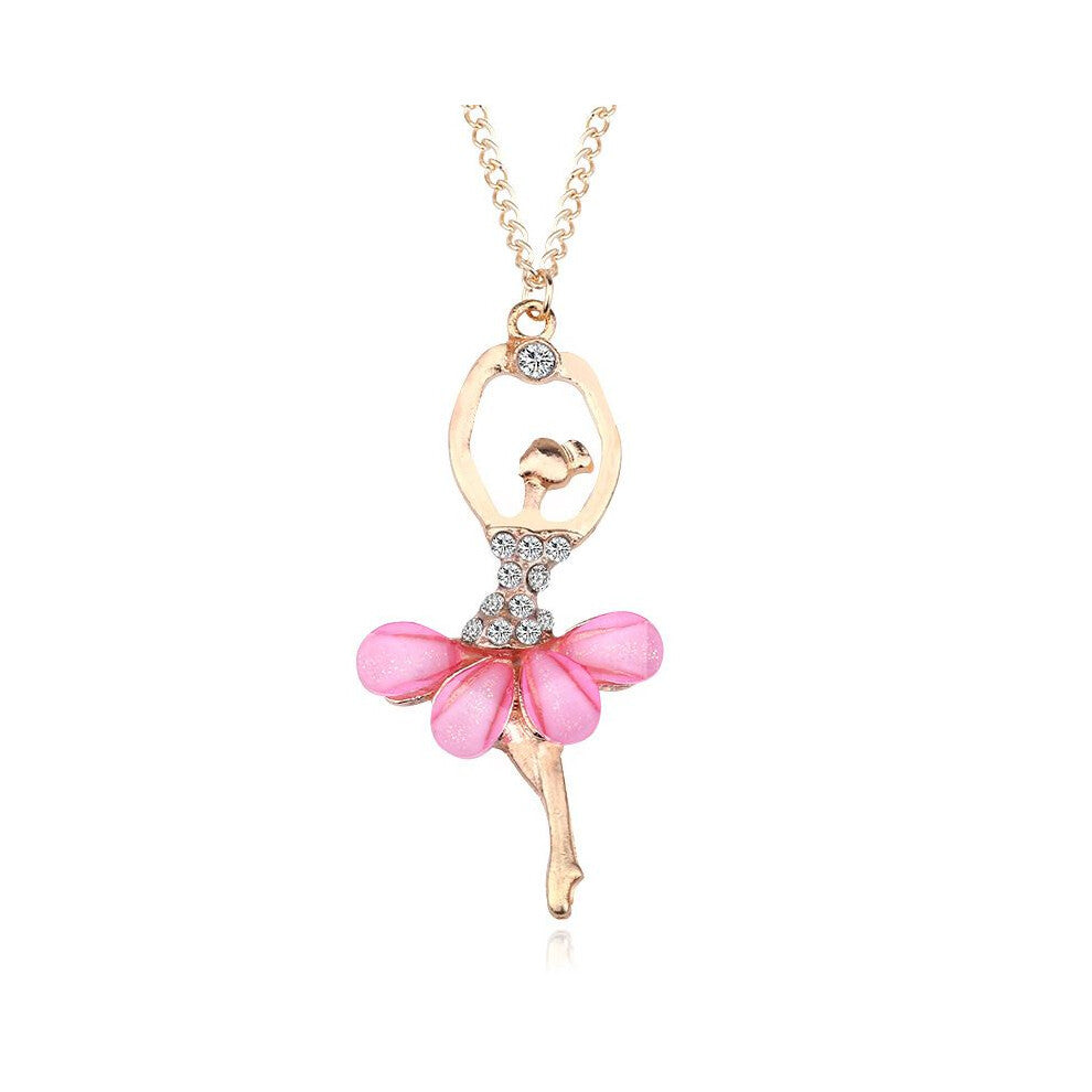 (Light Pink) Fashion Crystal Gold Plated Ballet Dance Girl Angel Dancer Necklace Dancing
