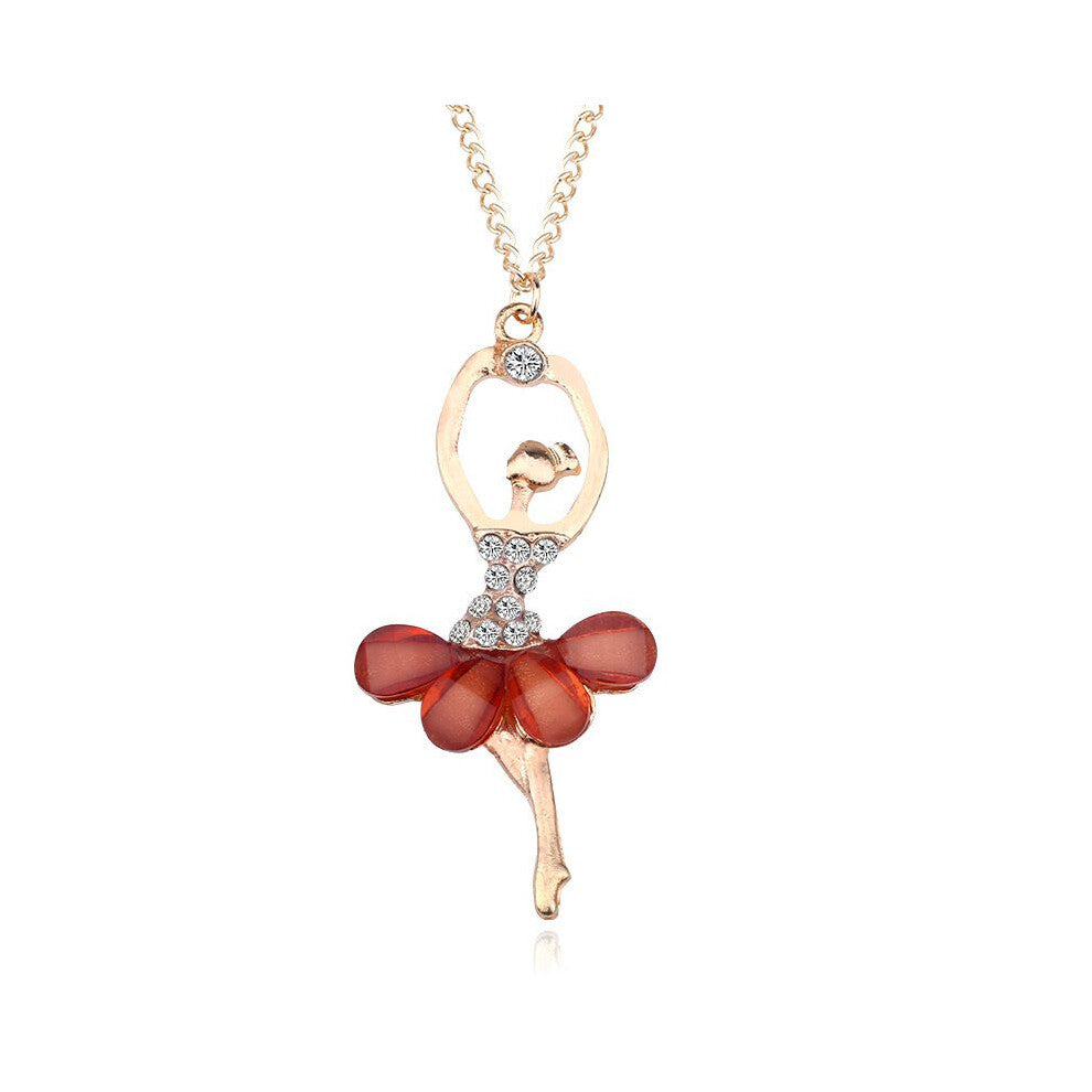 (Dark Red) Fashion Crystal Gold Plated Ballet Dance Girl Angel Dancer Necklace Dancing