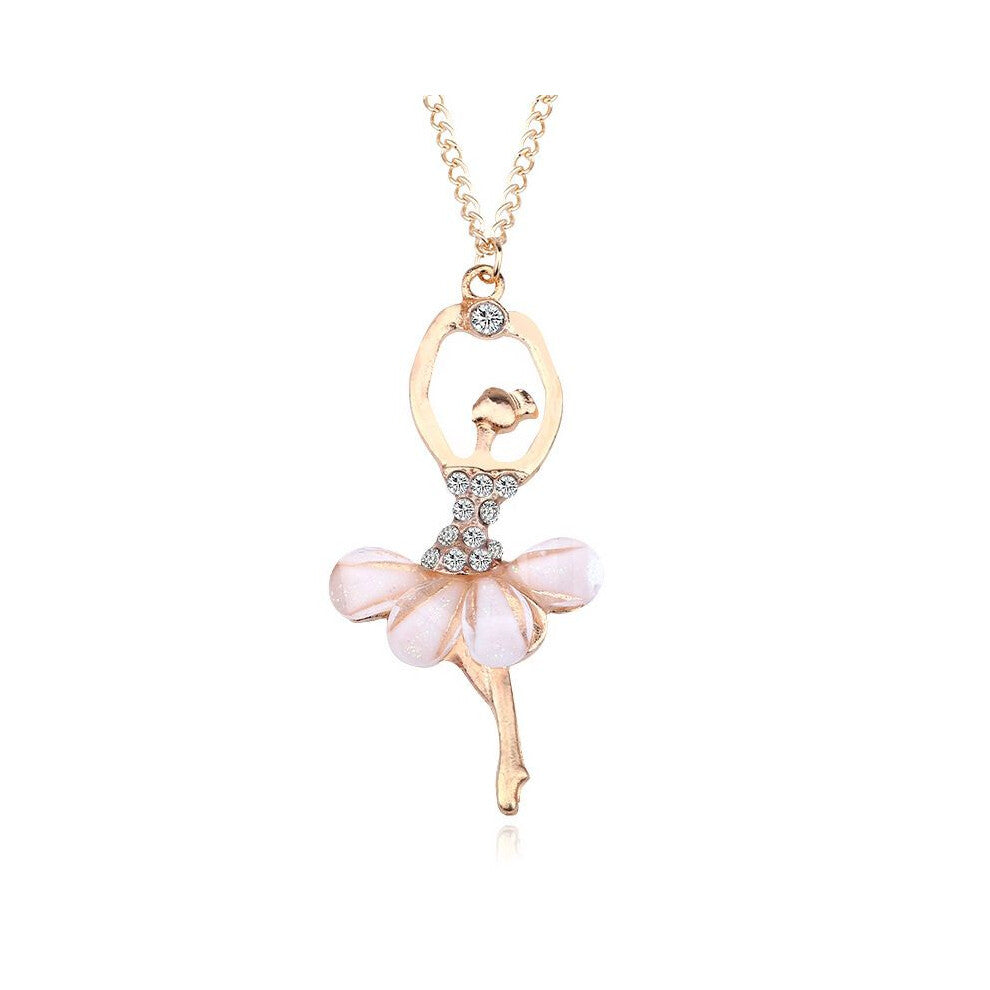 (Beige) Fashion Crystal Gold Plated Ballet Dance Girl Angel Dancer Necklace Dancing