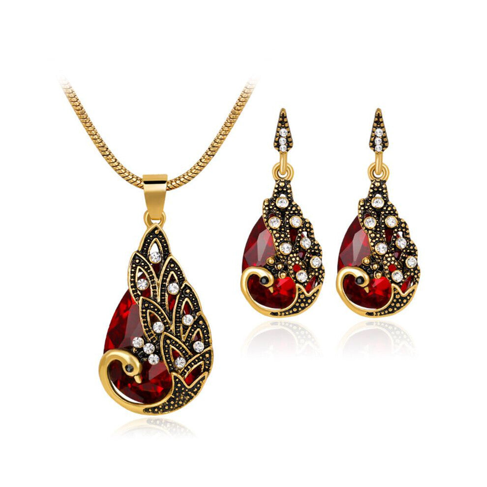 (Red) Waterdrop Exquisite Christmas Blue Zircon Peacock Pendant Earring Necklace And