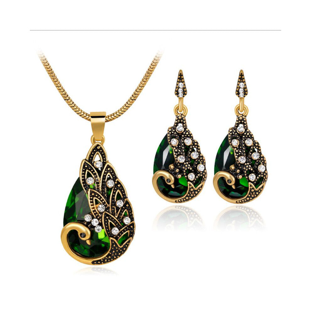 (Green) Waterdrop Exquisite Christmas Blue Zircon Peacock Pendant Earring Necklace And