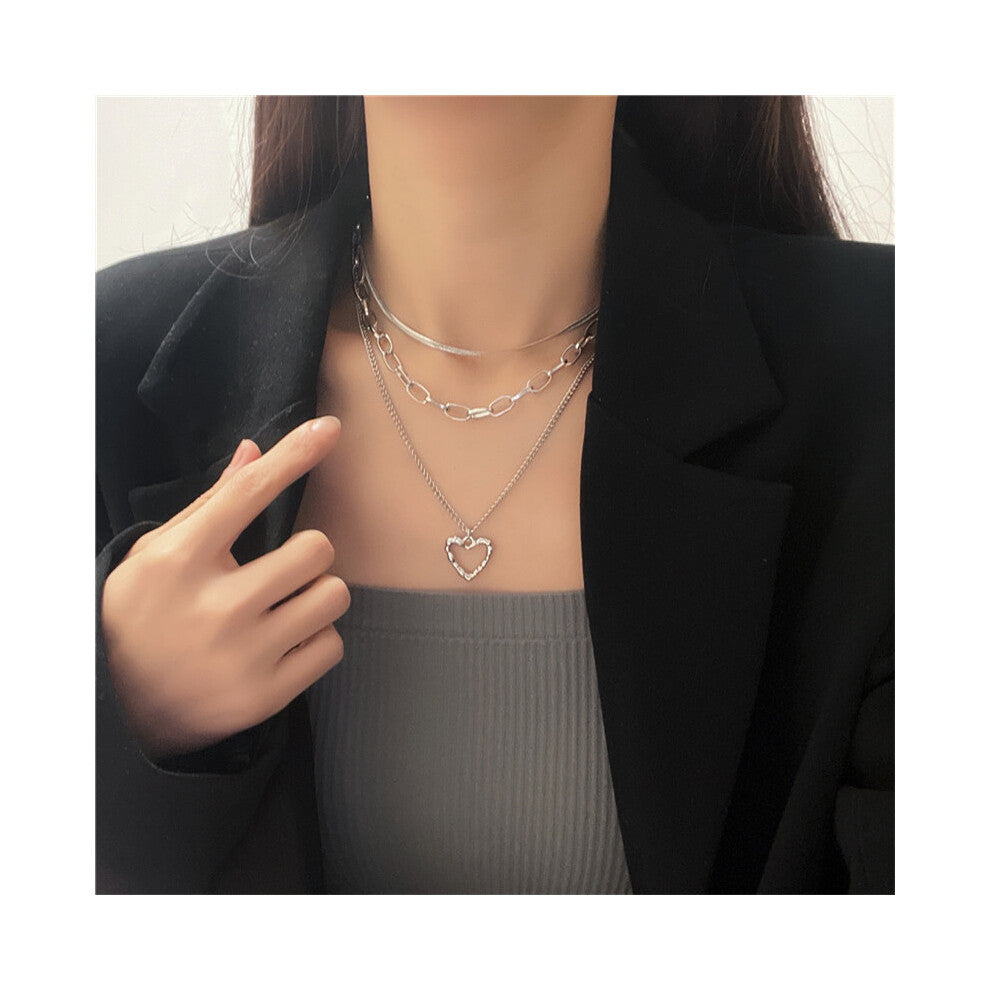 (Heart Necklace Silver) Heart Layered Fashionable And Angel Wings Pendant Necklace For Everyday Womens Wear