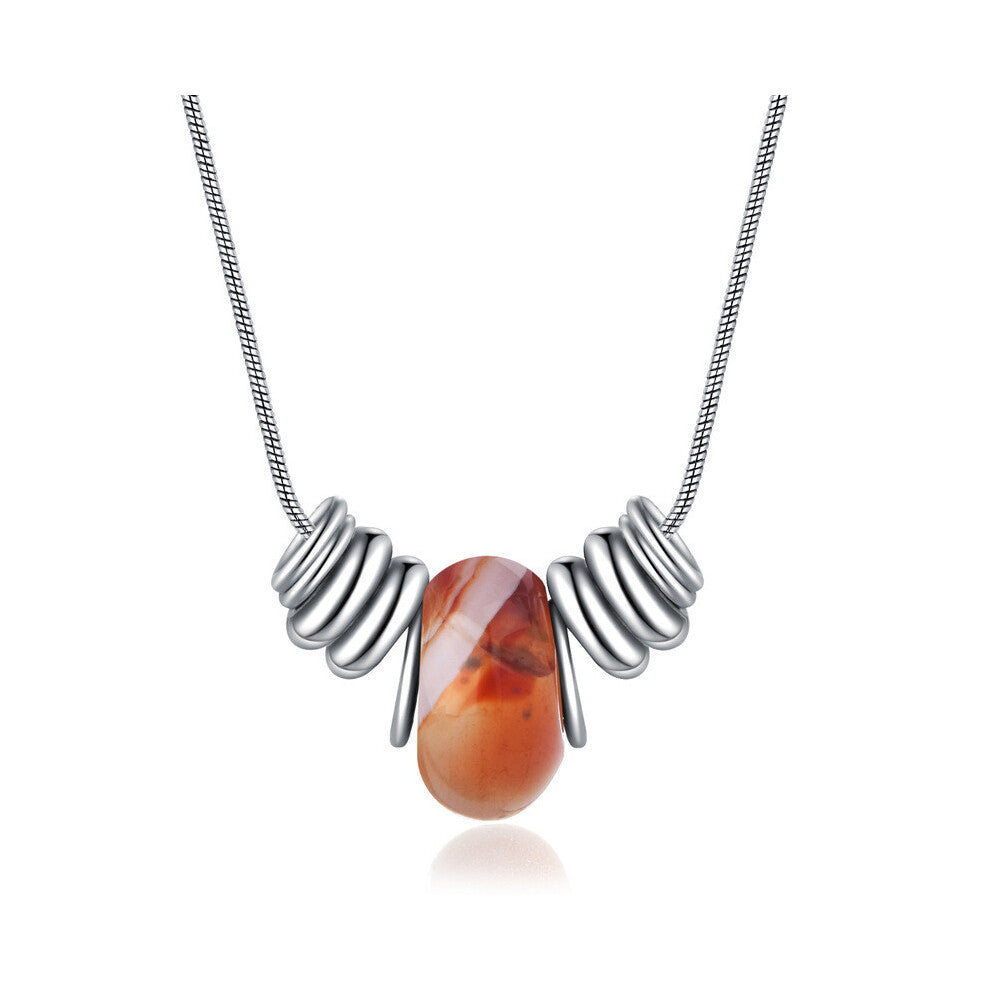 (Tiger Eye) Crystal Elegant Natural Necklace For Women With Geometric Design And Titanium Charm Steel