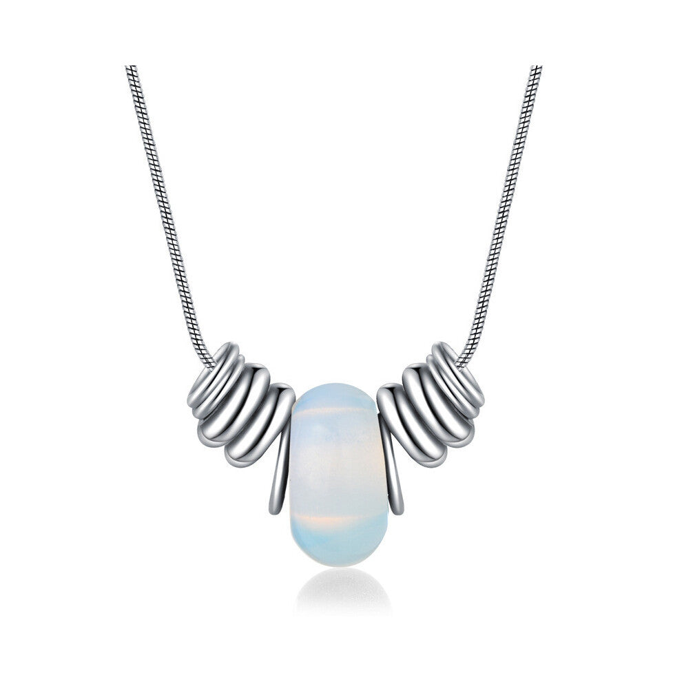 (Opal) Crystal Elegant Natural Necklace For Women With Geometric Design And Titanium Charm Steel