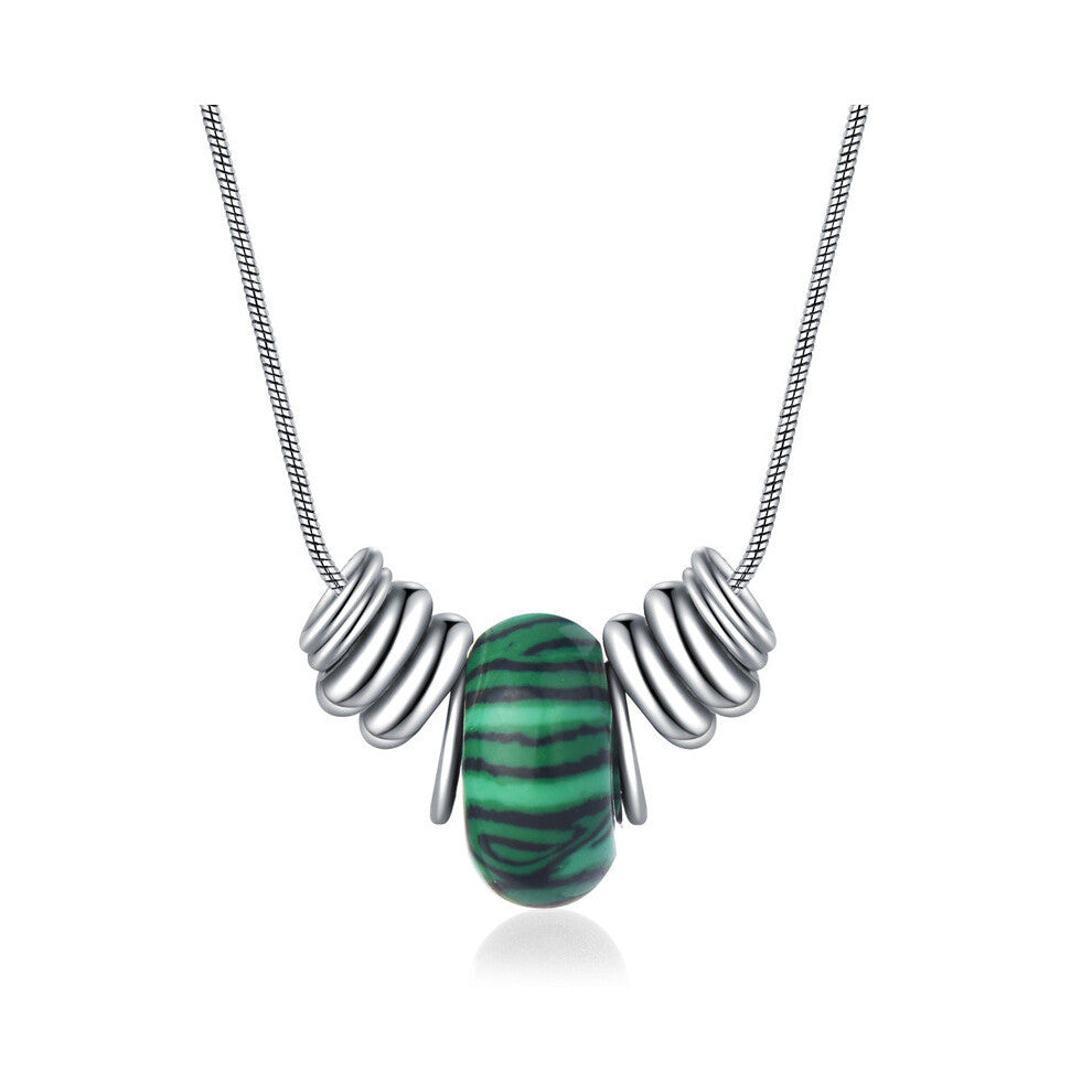 (Malachite) Crystal Elegant Natural Necklace For Women With Geometric Design And Titanium Charm Steel