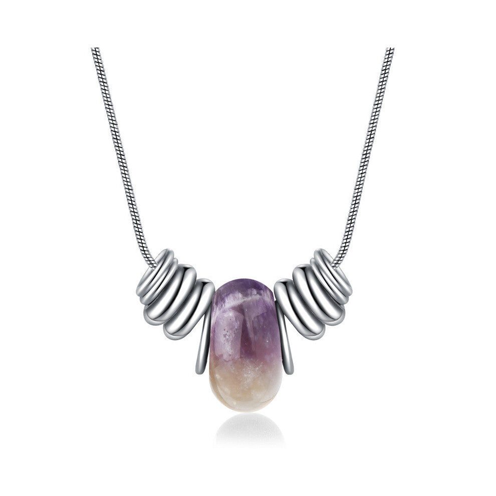 (Amethyst) Crystal Elegant Natural Necklace For Women With Geometric Design And Titanium Charm Steel