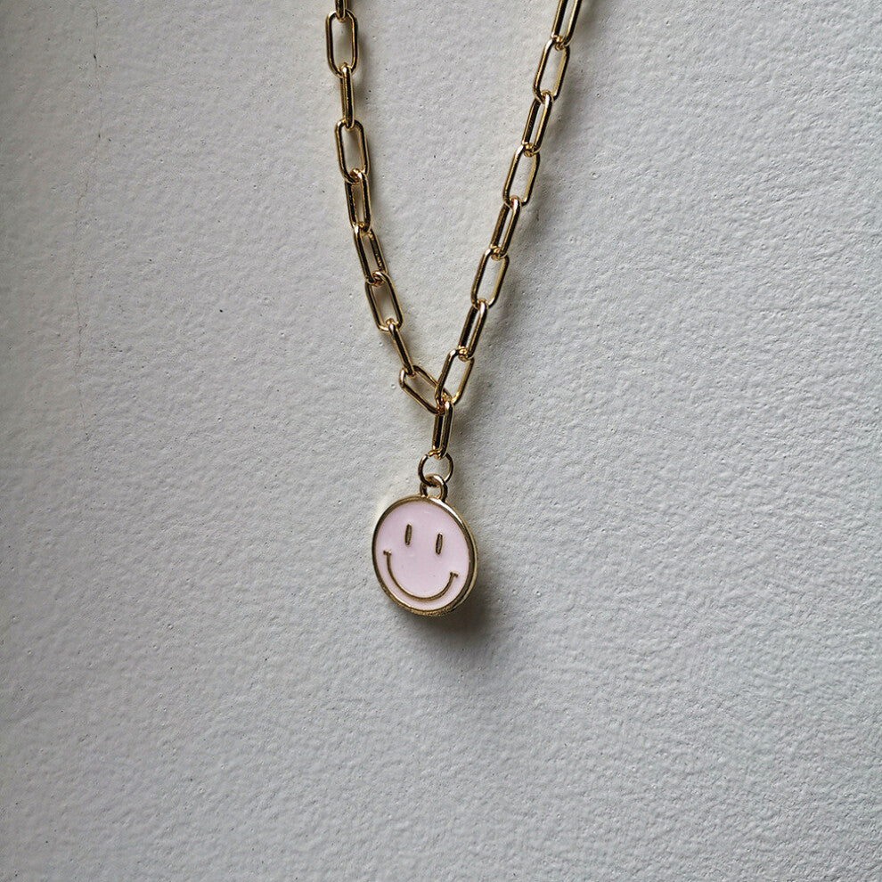 (Large Pink) Smiley Unique Alloy Face Pendant Necklace In Vibrant Colors For Chic Everyday Wear
