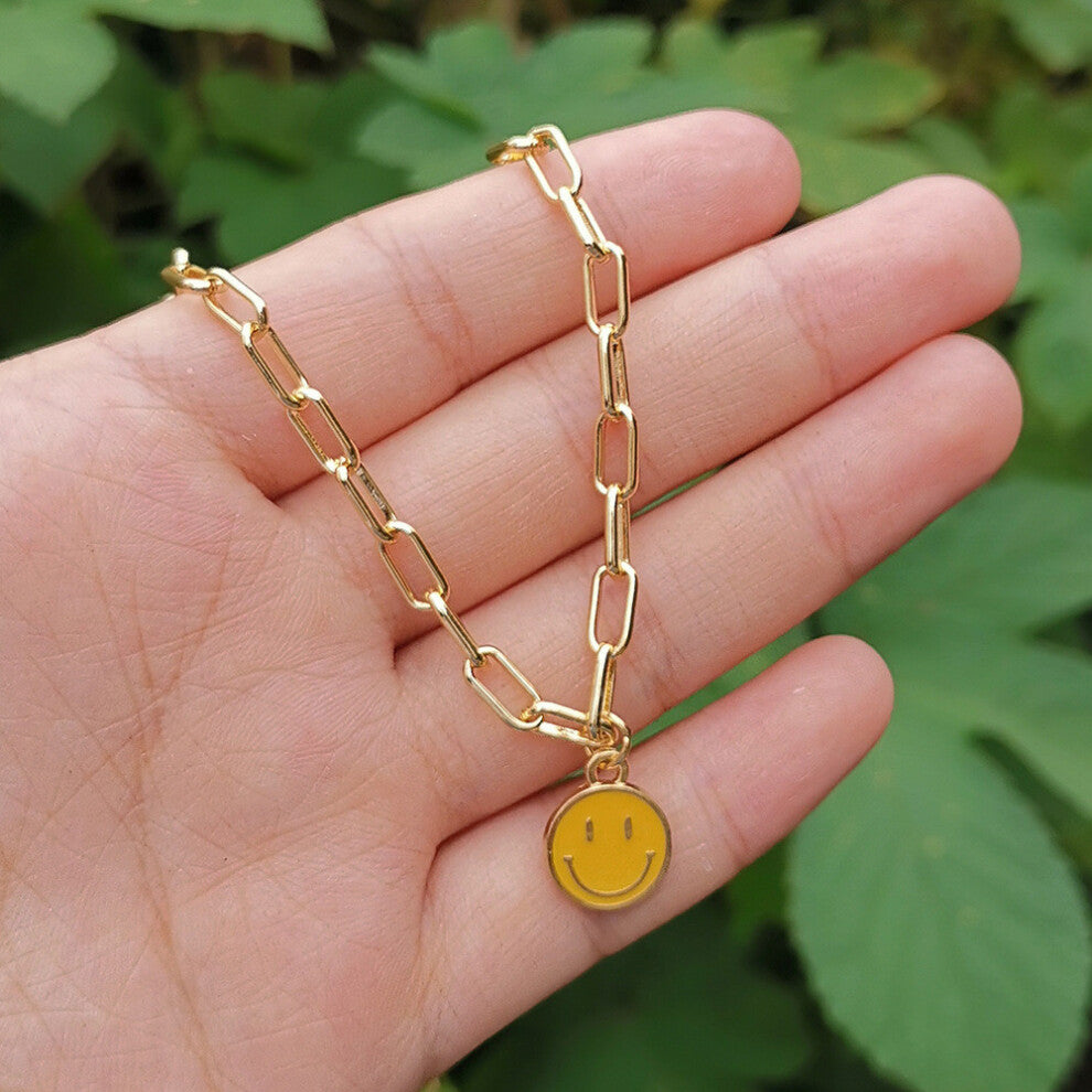 (Small Yellow) Smiley Unique Alloy Face Pendant Necklace In Vibrant Colors For Chic Everyday Wear