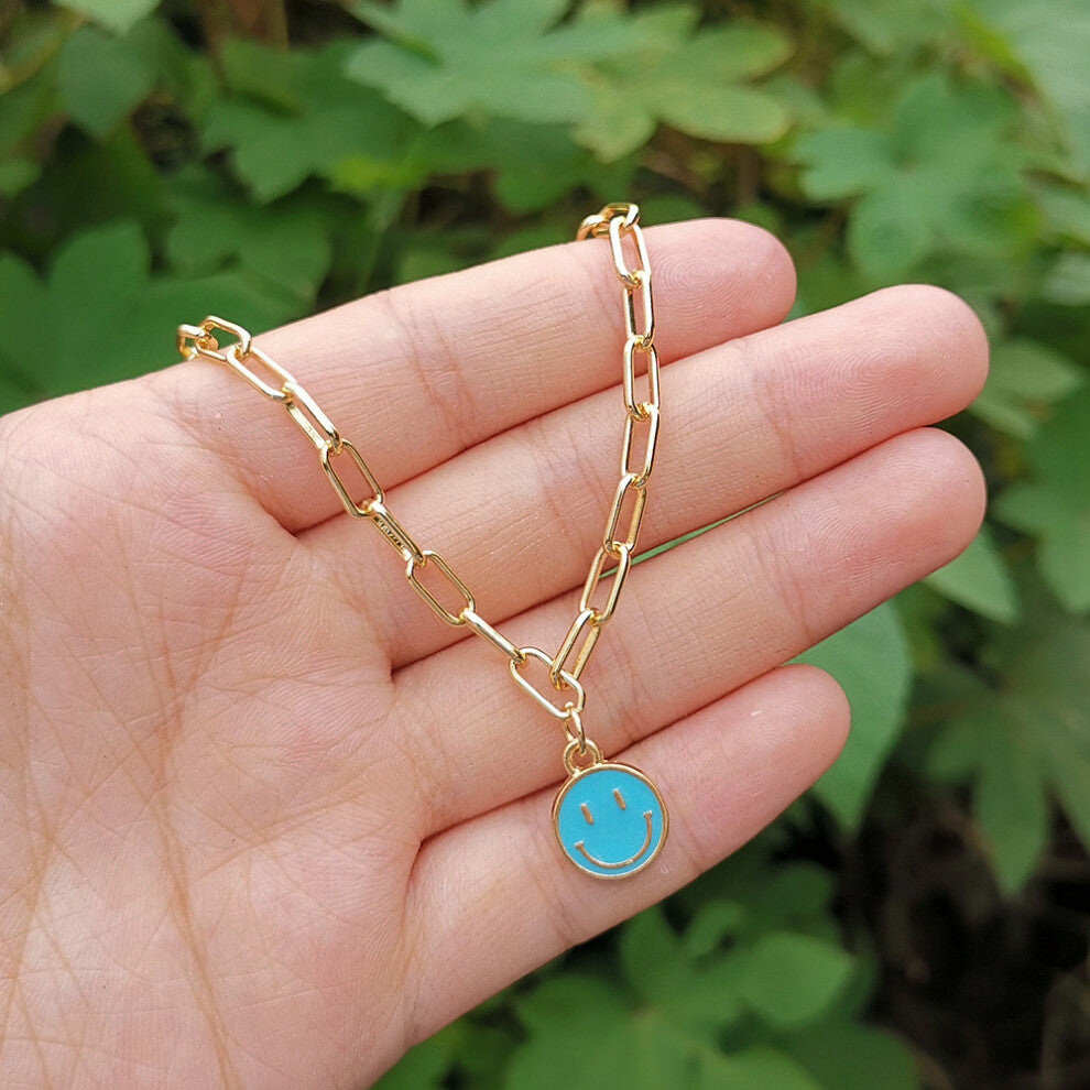 (Small Blue) Smiley Unique Alloy Face Pendant Necklace In Vibrant Colors For Chic Everyday Wear